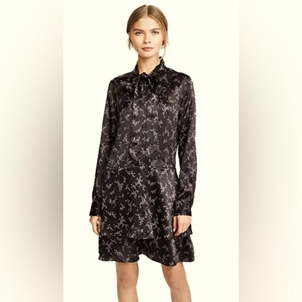 Equipment Natalia Silk Tie-Neck Bow Mini Dress Black White Floral Print Size M